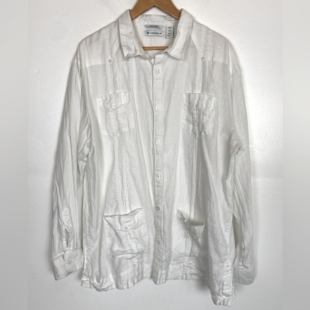 Cubavera Men's White Linen Guayabera 4 Pocket Size XXL Button Long Sleeves Beach